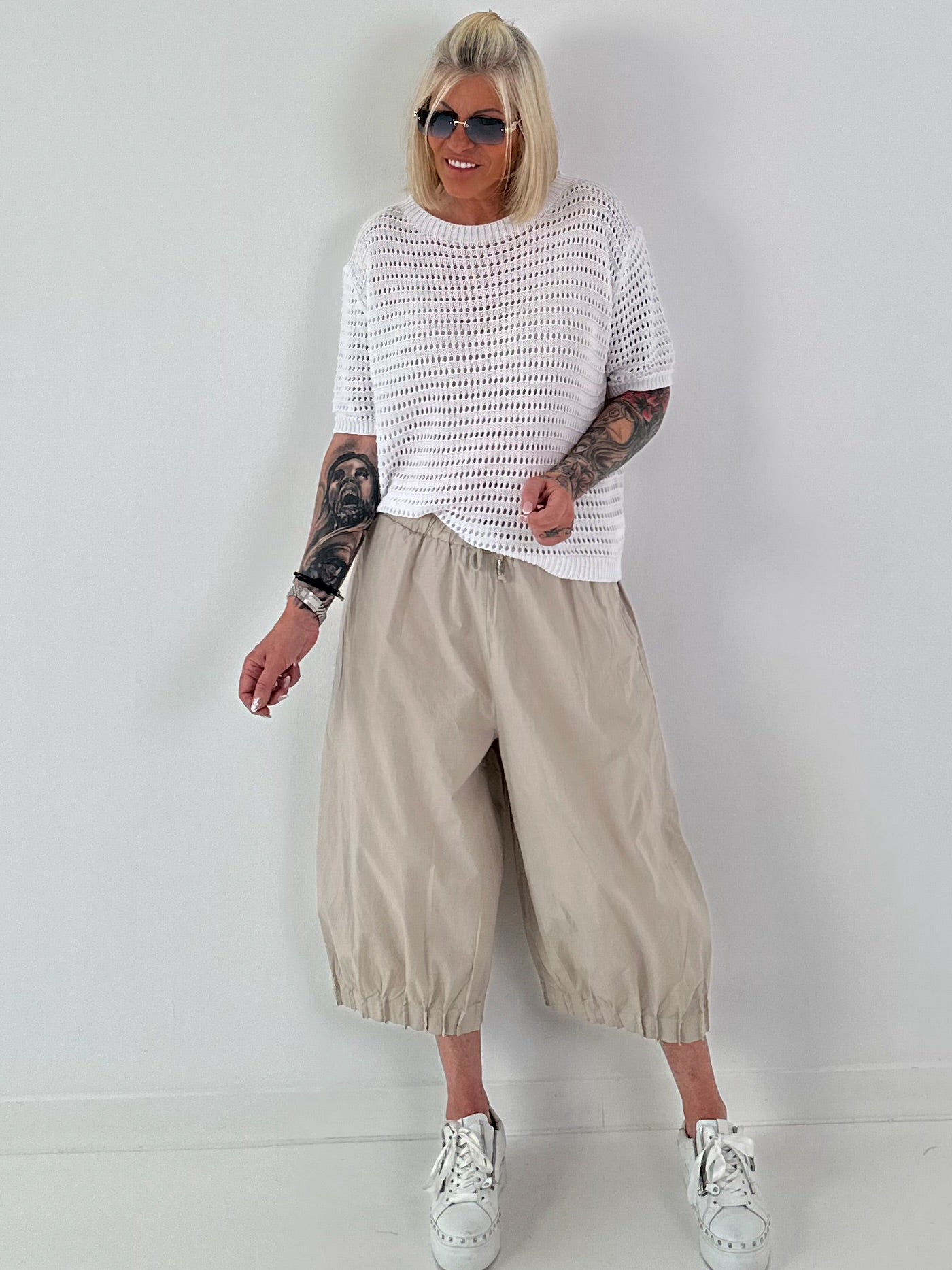 Strick Shirt mit Lochmuster - weiss