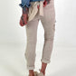 Trousers with crocheted flower inserts - beige