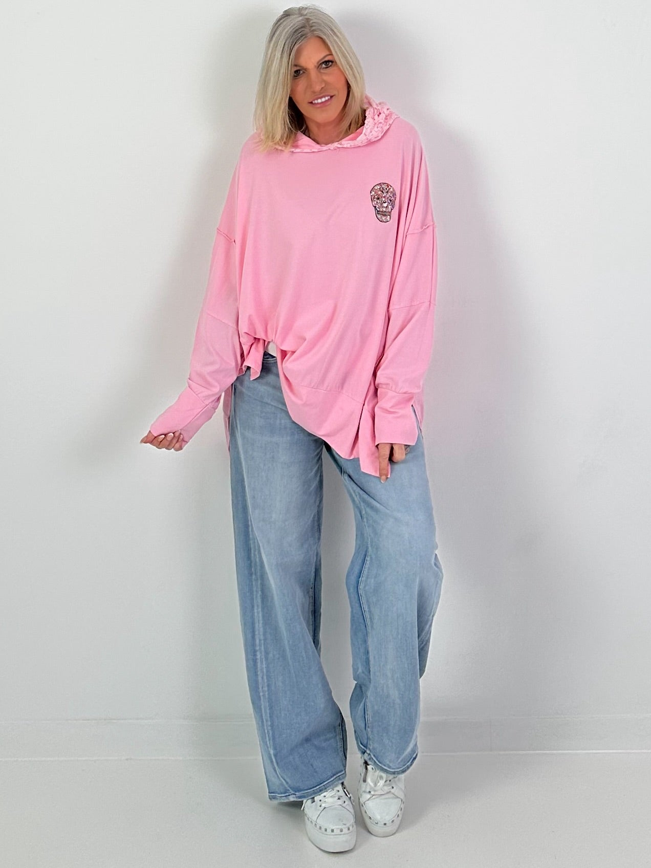 Oversized Hoodie mit Spitzenkapuze - rosa