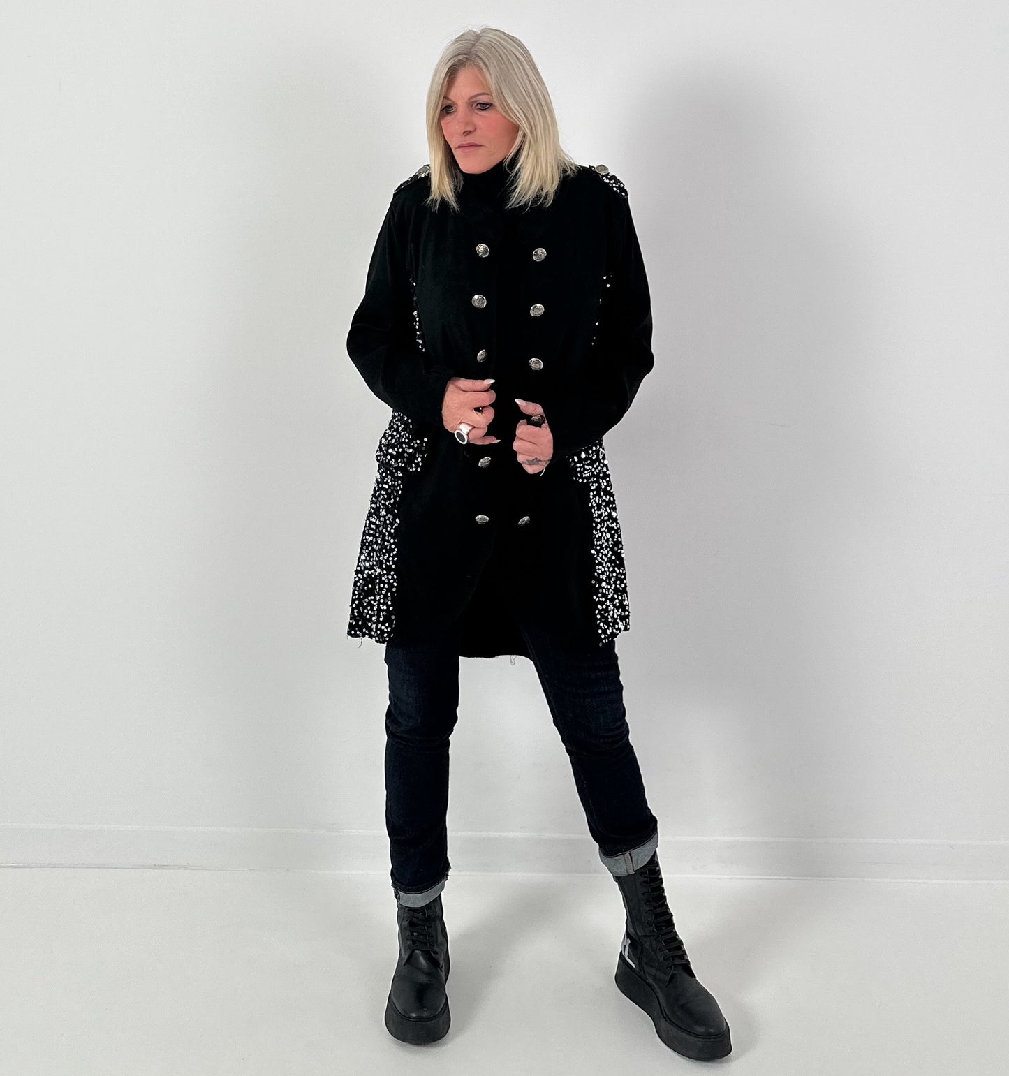 Militair jasje in suèdelook, model "Shine Commander" - zwart