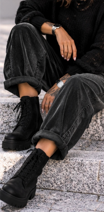 Weiche Ballon-Cordhose mit Gürtel - stone-washed-schwarz