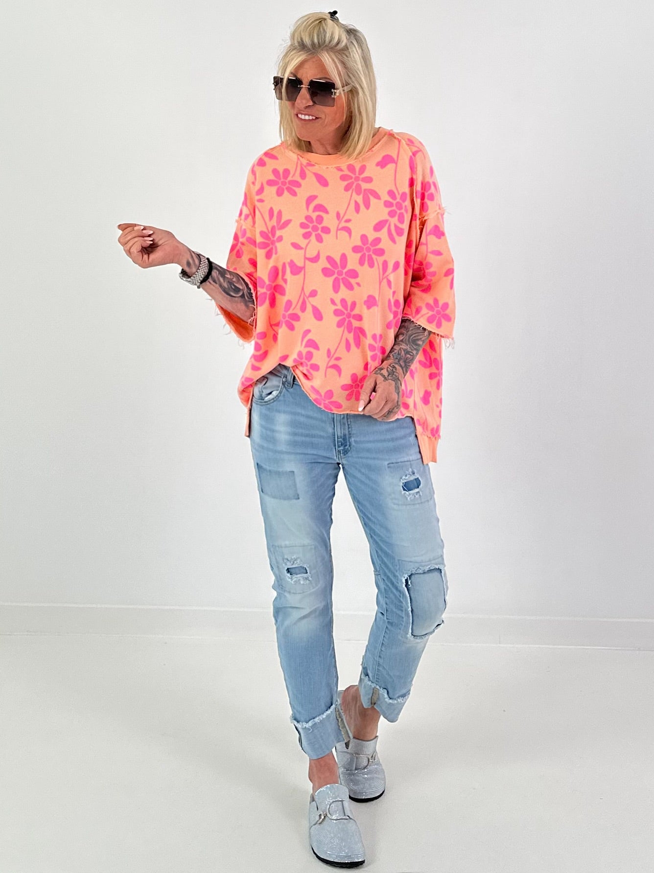 Sweater mit floralem All over Print - aprikot-pink