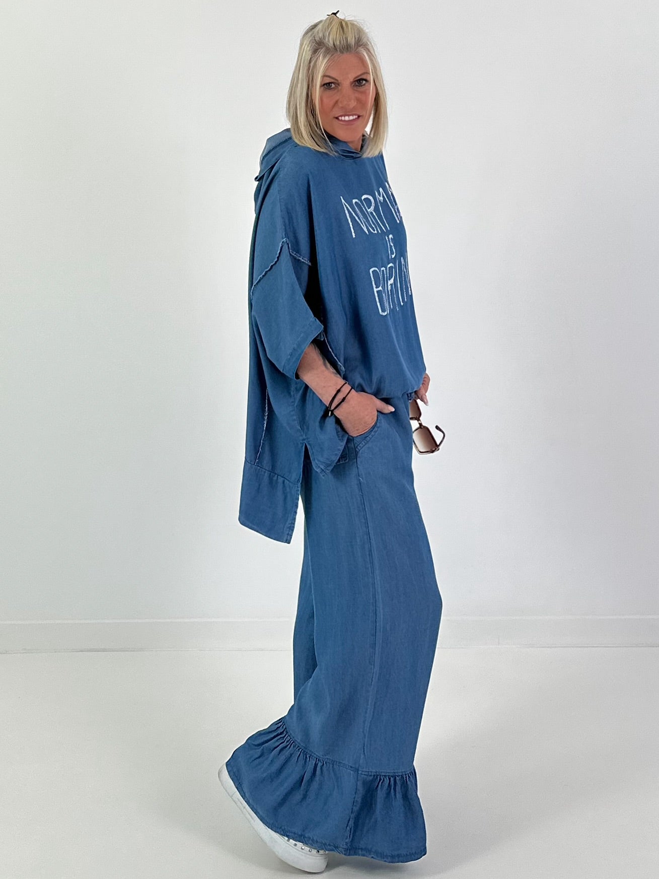 Oversized Hooded Denim Shirt - Dark Blue