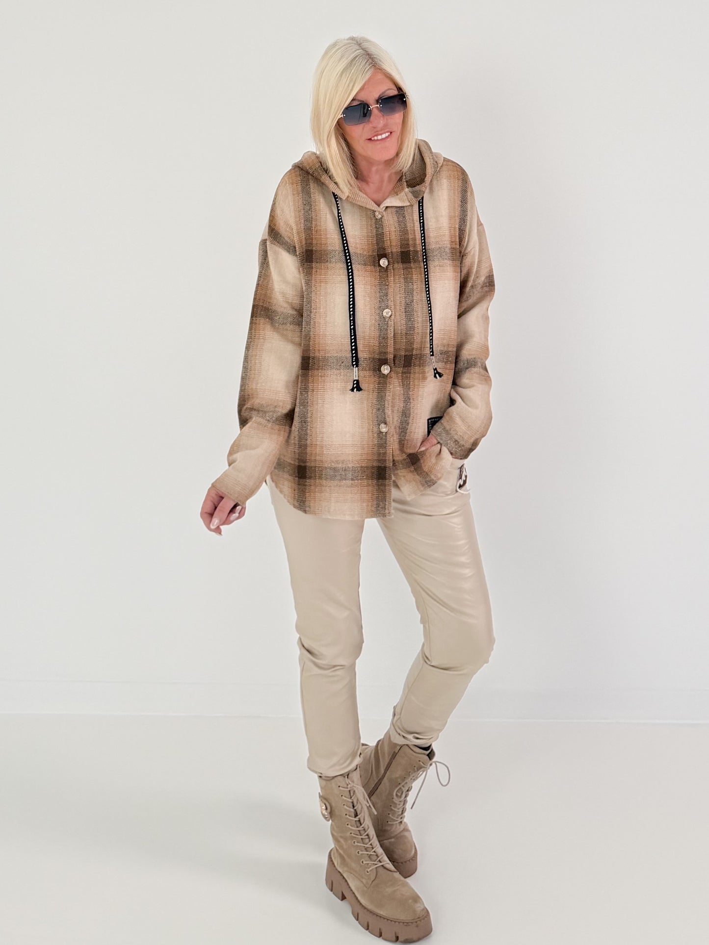 Check shirt jacket with hood - beige-camel-multicoloured