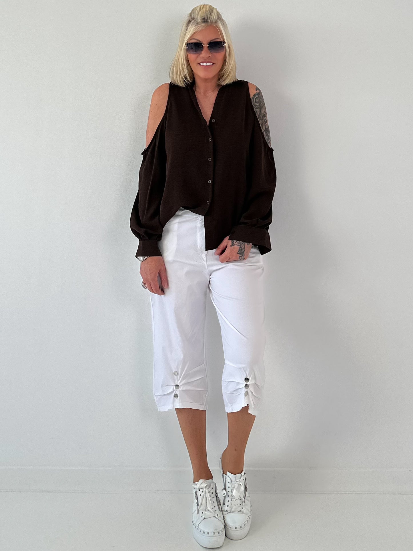 Bluse mit cold shoulder Detail - schoko