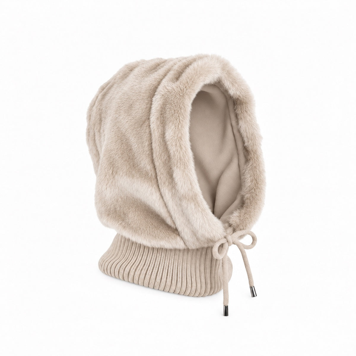 Faux-Fur Balaclava mit Strickkragen - beige