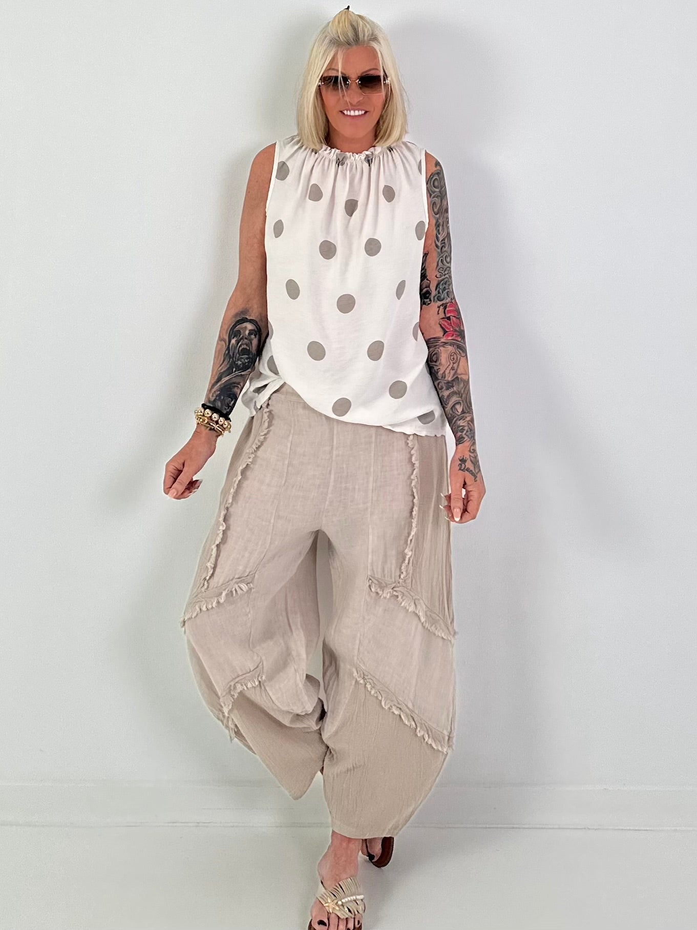 Balloon Linen Trousers with Fringe Detail - Beige