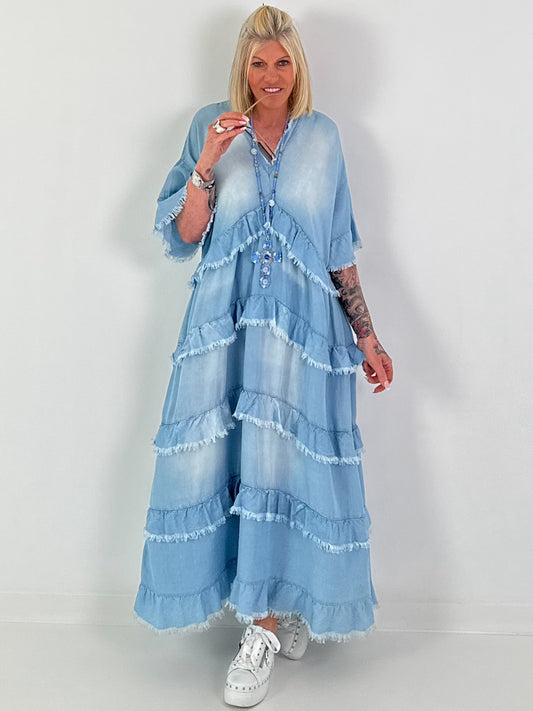 Jeans dress with ruffles - light blue