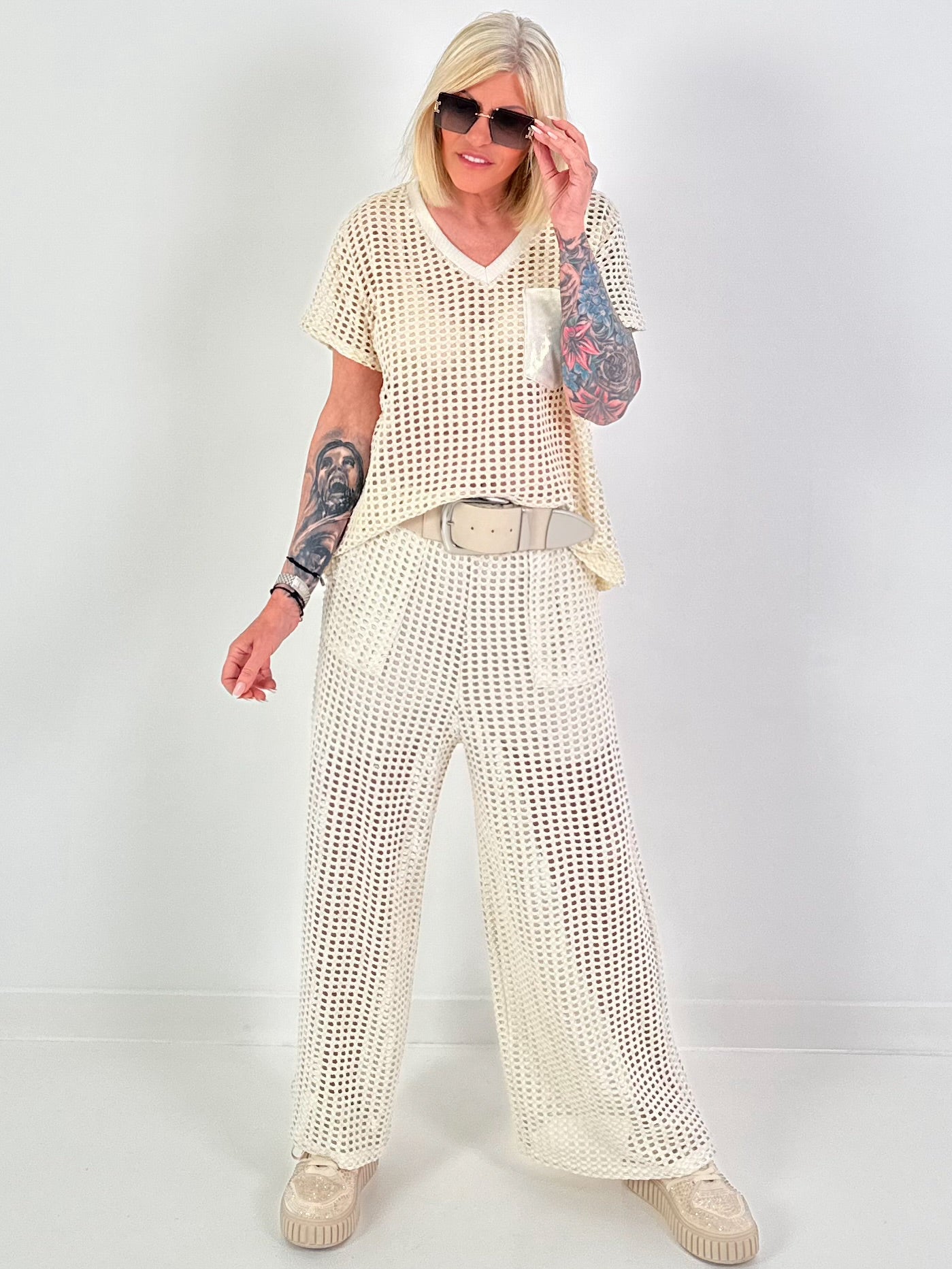 Crochet Top with Lurex - beige