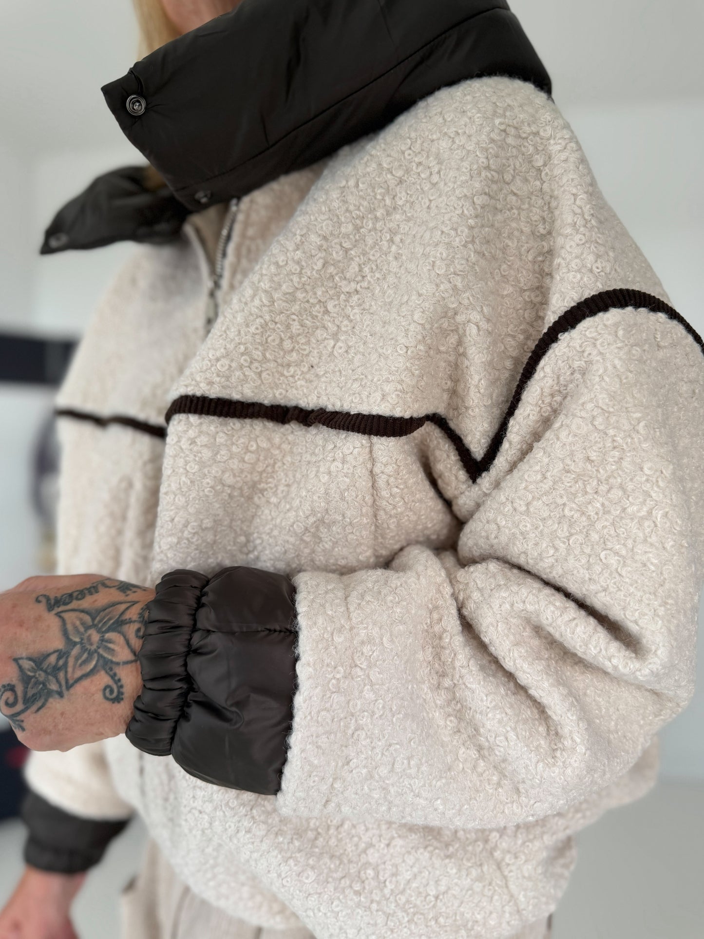 Bouclé jas met capuchon - beige-mokka