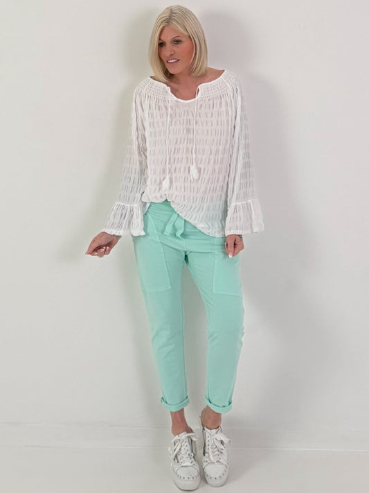 Structured tunic with tie belt and flounce sleeves - white