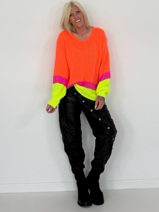 V-neck sweater - neon orange multi-colored