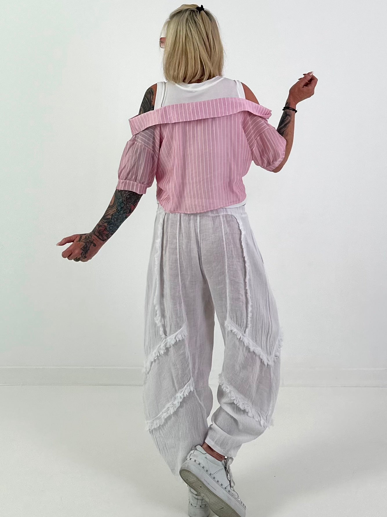 Ribbed Top with Blouse Layering - white-pink