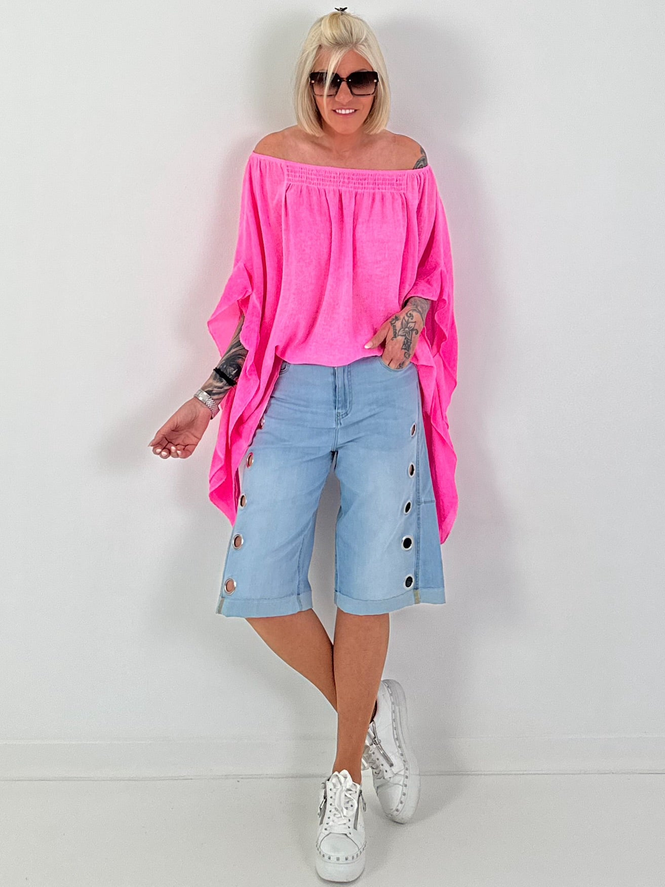 Tunic with side ruffles - neon pink