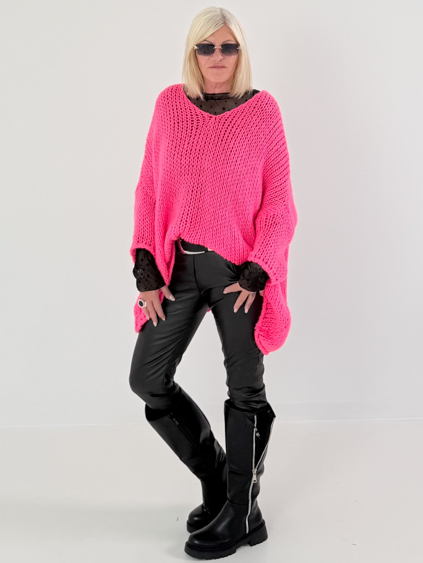 Soft Oversized Chunky Knit Sweater - neon pink