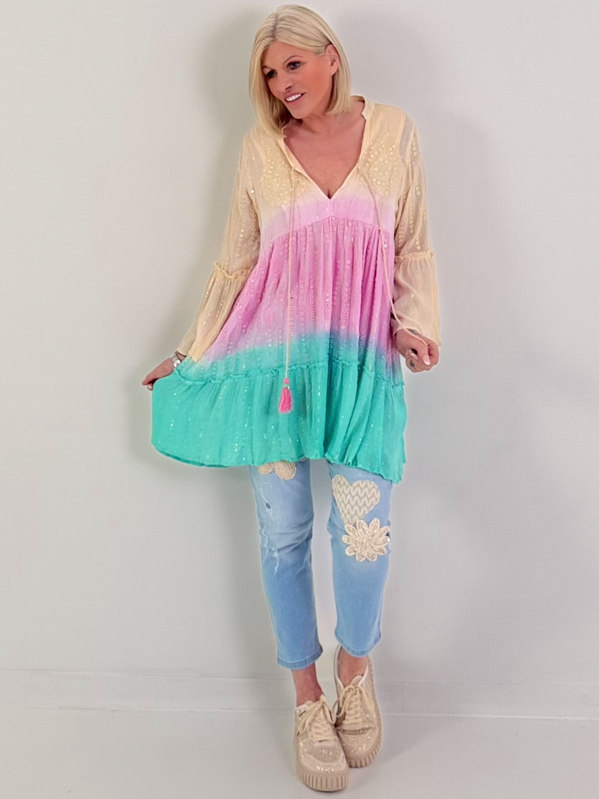 Ibiza Tunika/Kleid mit Lurexnähten - beige-rosa-türkis
