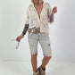 Boho blouse with short sleeves and crochet appliqués - beige