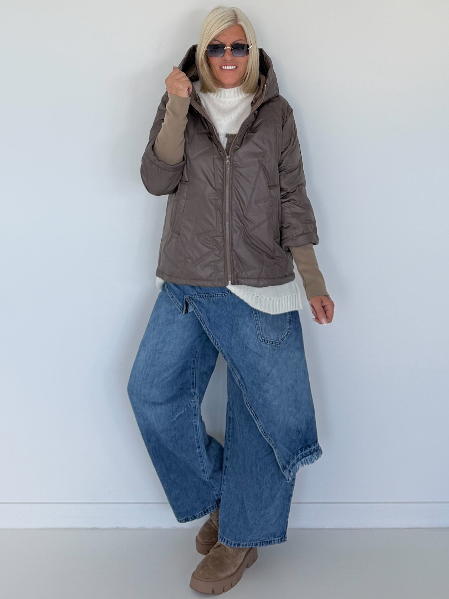 Jacke mit Strickarm und Kapuze - taupe