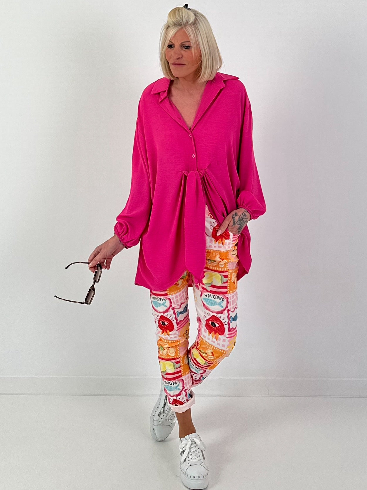 Lange blouse met strikband - roze