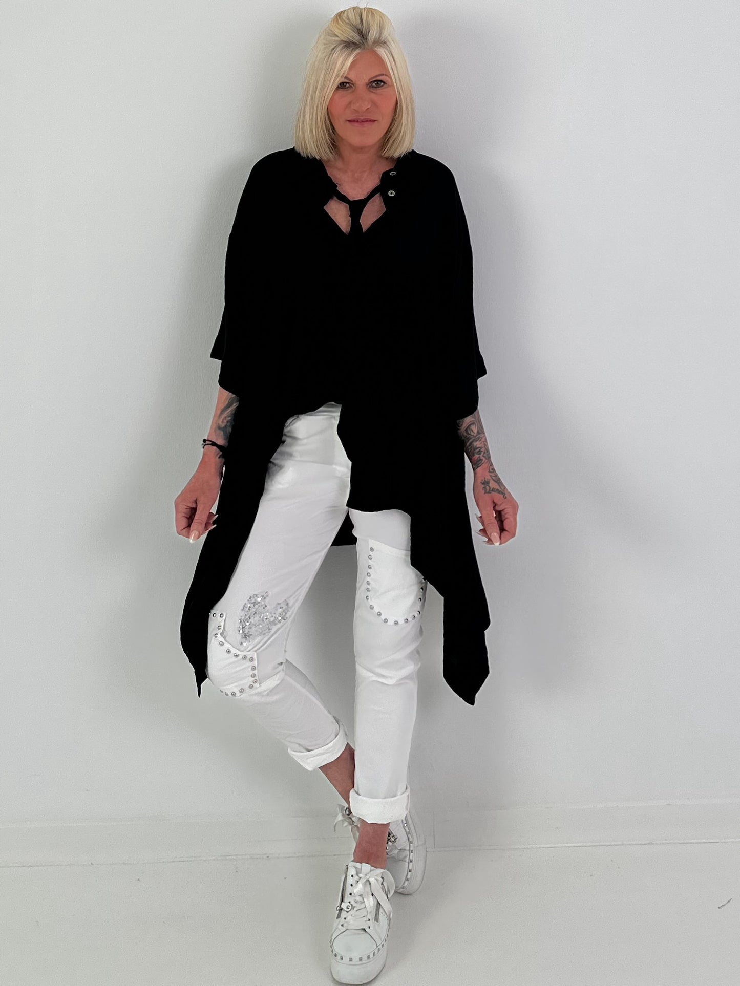 Oversized Asymmetric Blouse with Tie - Black