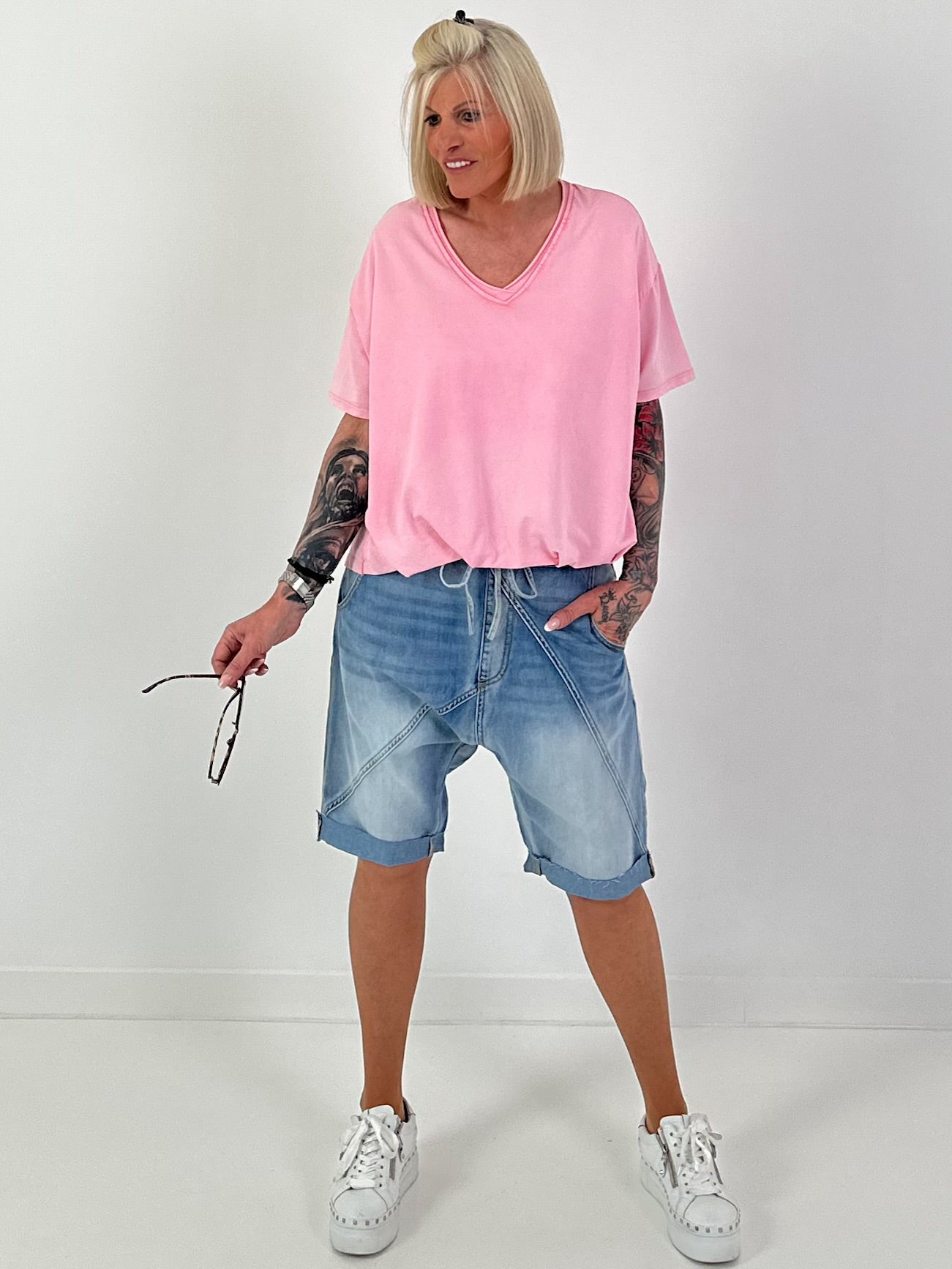 Shirred Hem T-shirt - pink