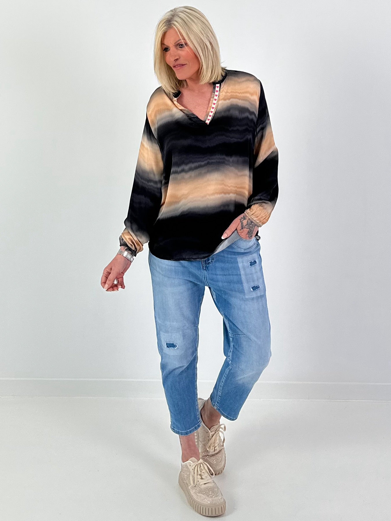 Silk tunic with color gradient and heart details - black-multicolored