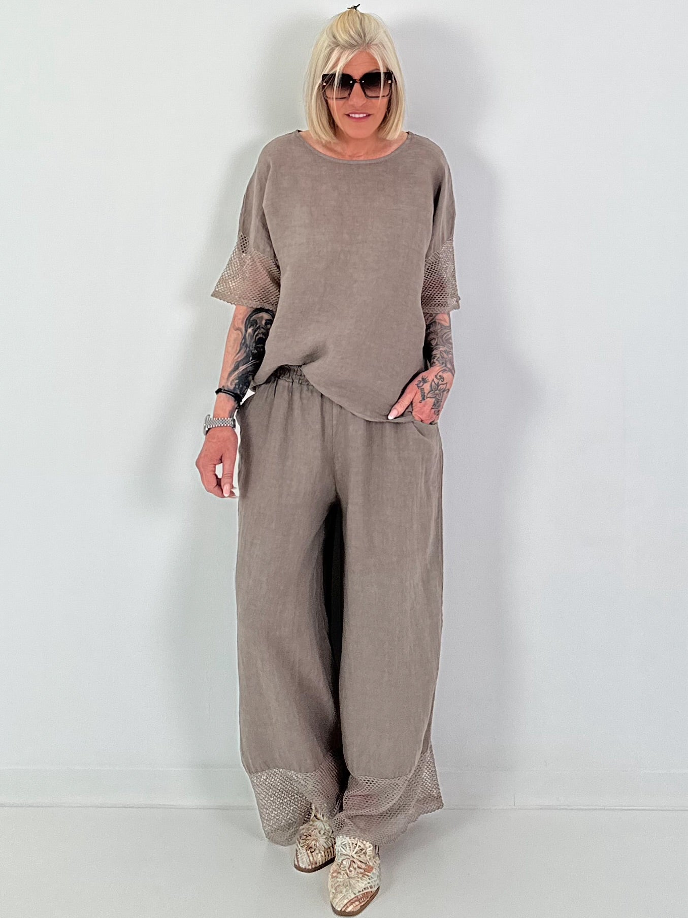 Leinen Shirt mit kurzen Ärmeln - taupe