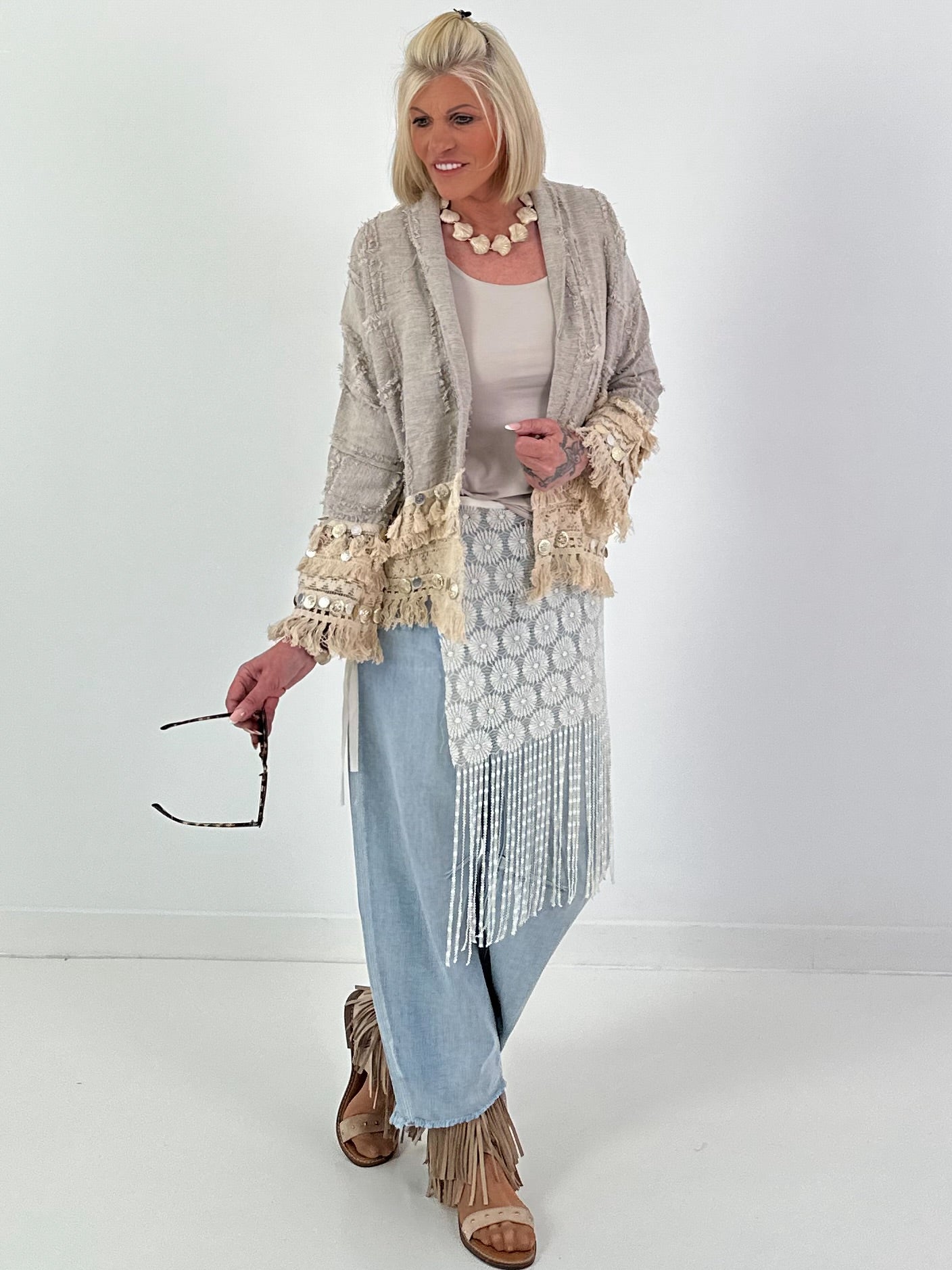 Boho-jasje met uitgebreide details - beige-blauw