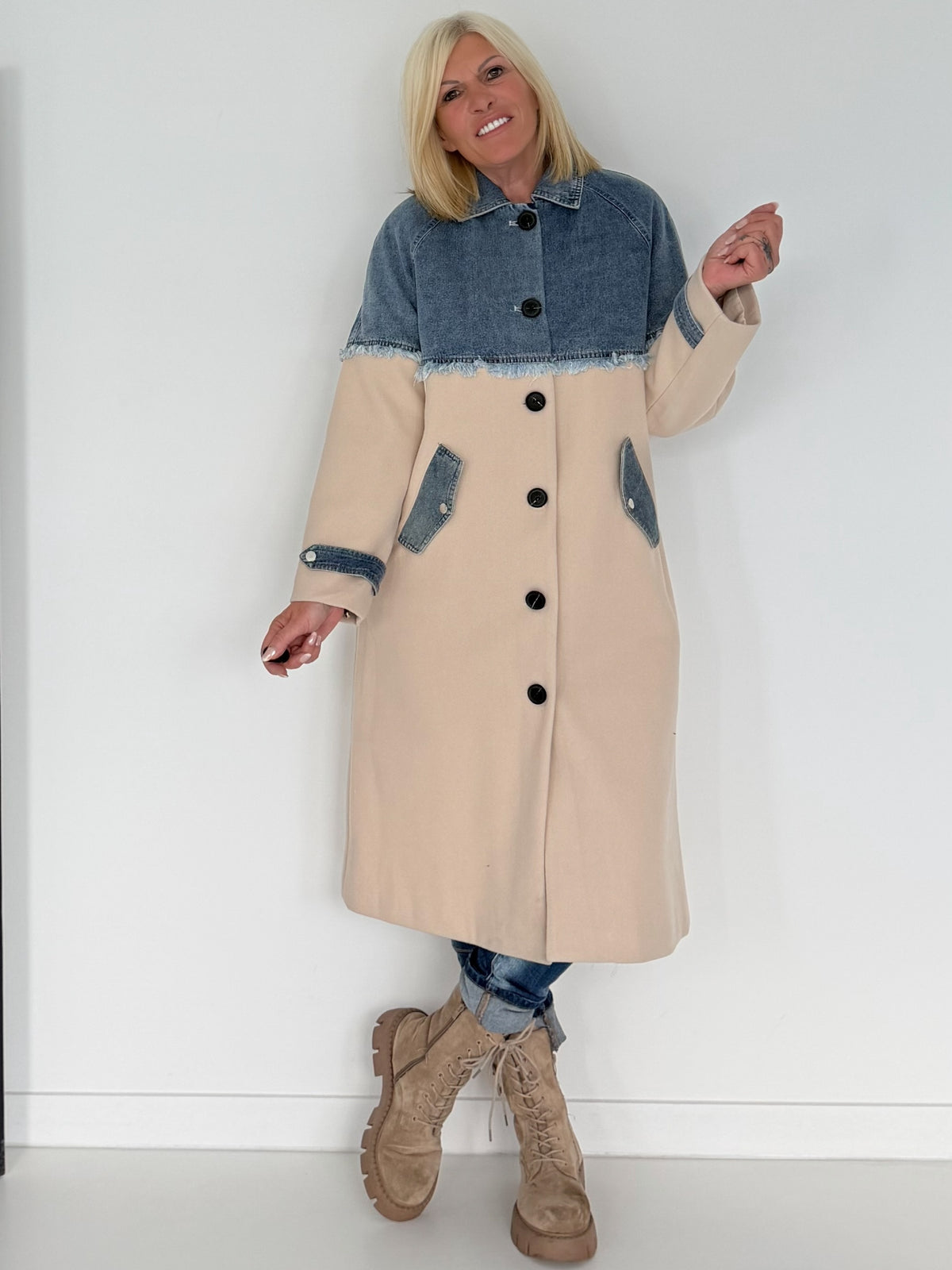 Mantel mit Denim-Einsätzen - denim-beige