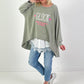 Oversized stonewashed Sweatshirt Modell "Glück..." - khaki