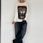 Sweater mit Stulpenärmeln und Strassmotiv Leopard - ecru