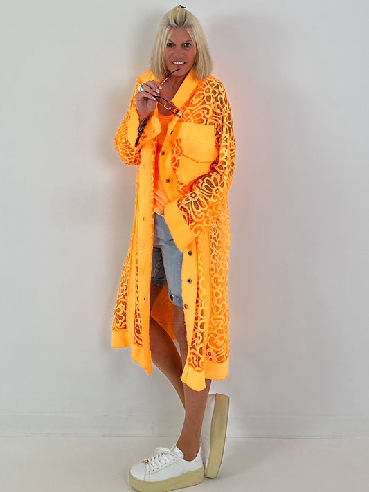 Jeansmantel mit floralem Netzeinsatz - neonorange