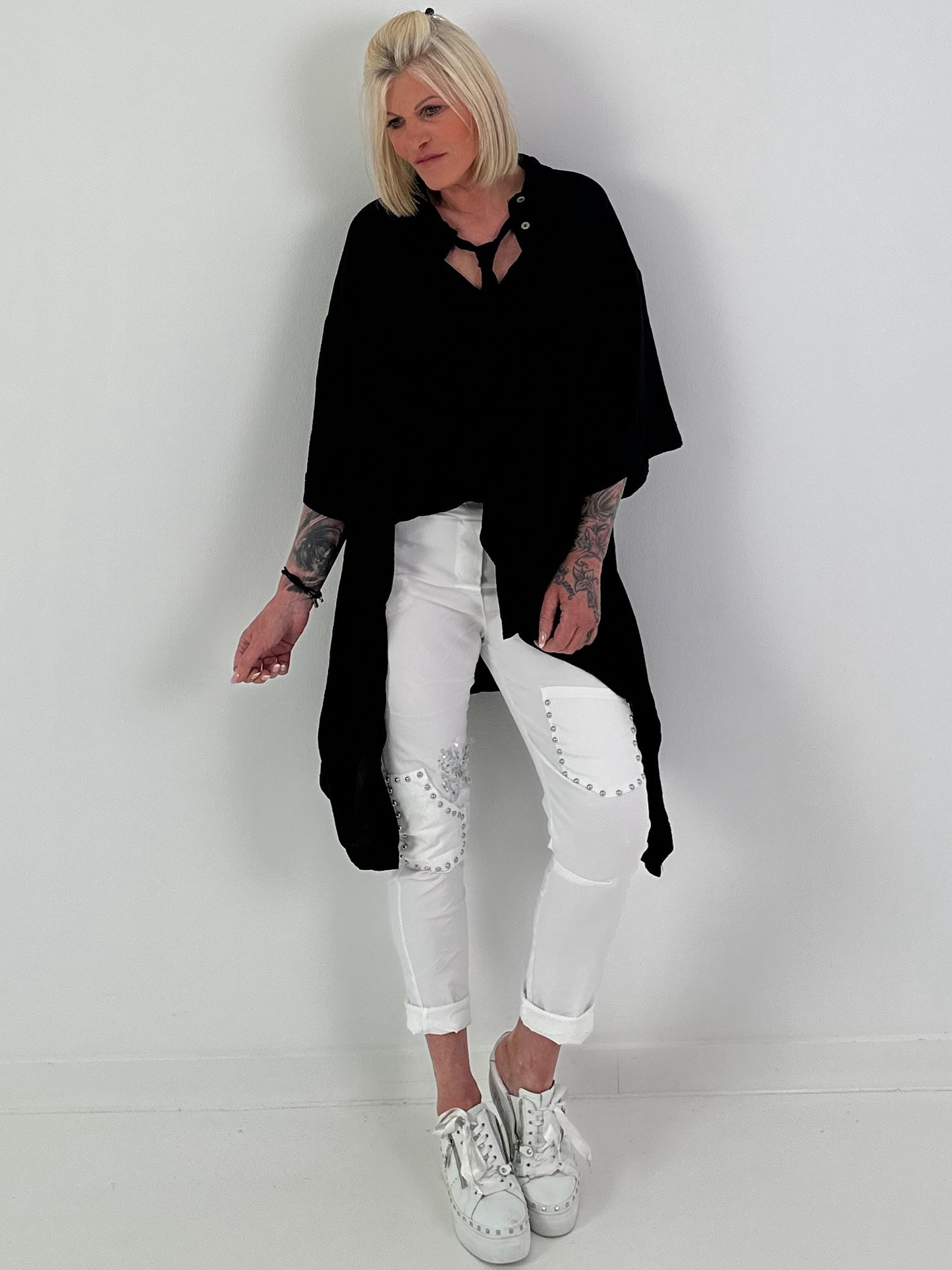Oversized Asymmetric Blouse with Tie - Black