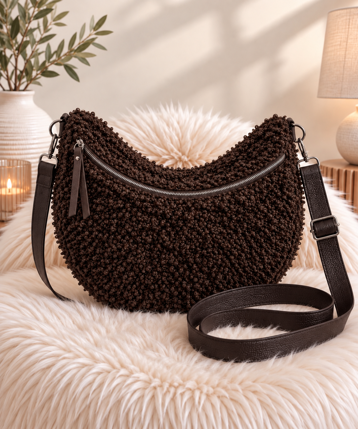 XXL Crossbodytas in teddykrul-look - mokka