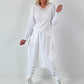 Ribbed V-neck Shirt with Lace Details - White