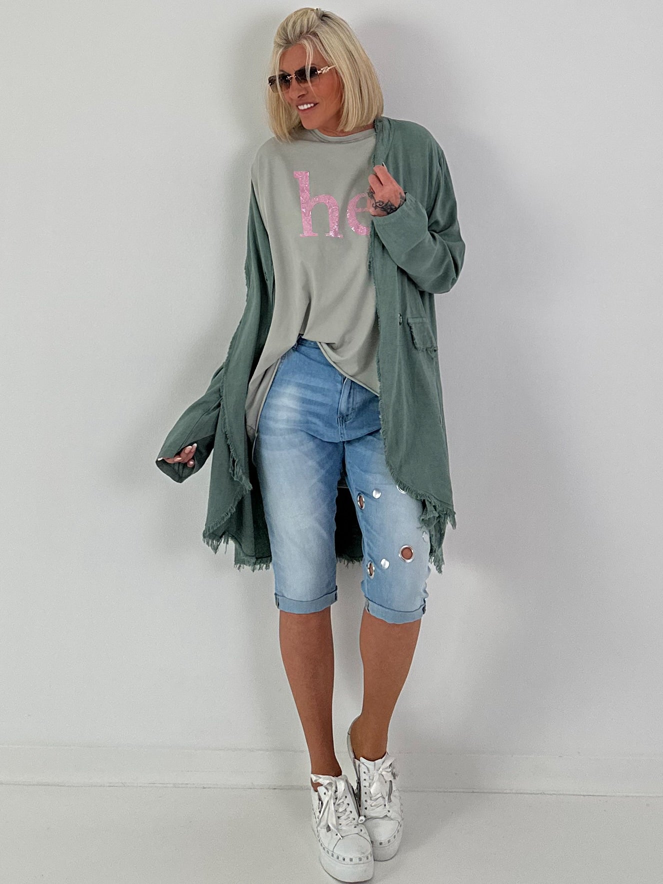Linen Short Coat with Eyelets - Khaki