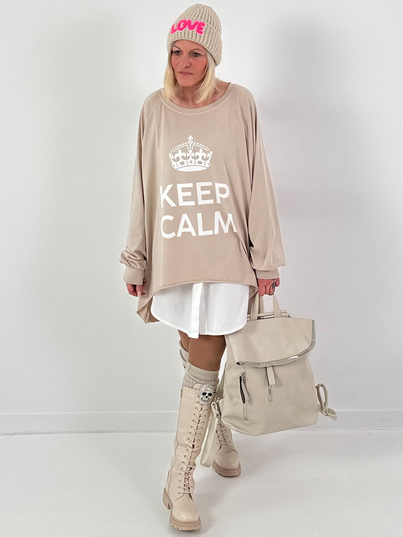 Oversized shirt model "KEEP CALM" - beige