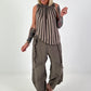 Striped top with ruffled collar - taupe-dark brown