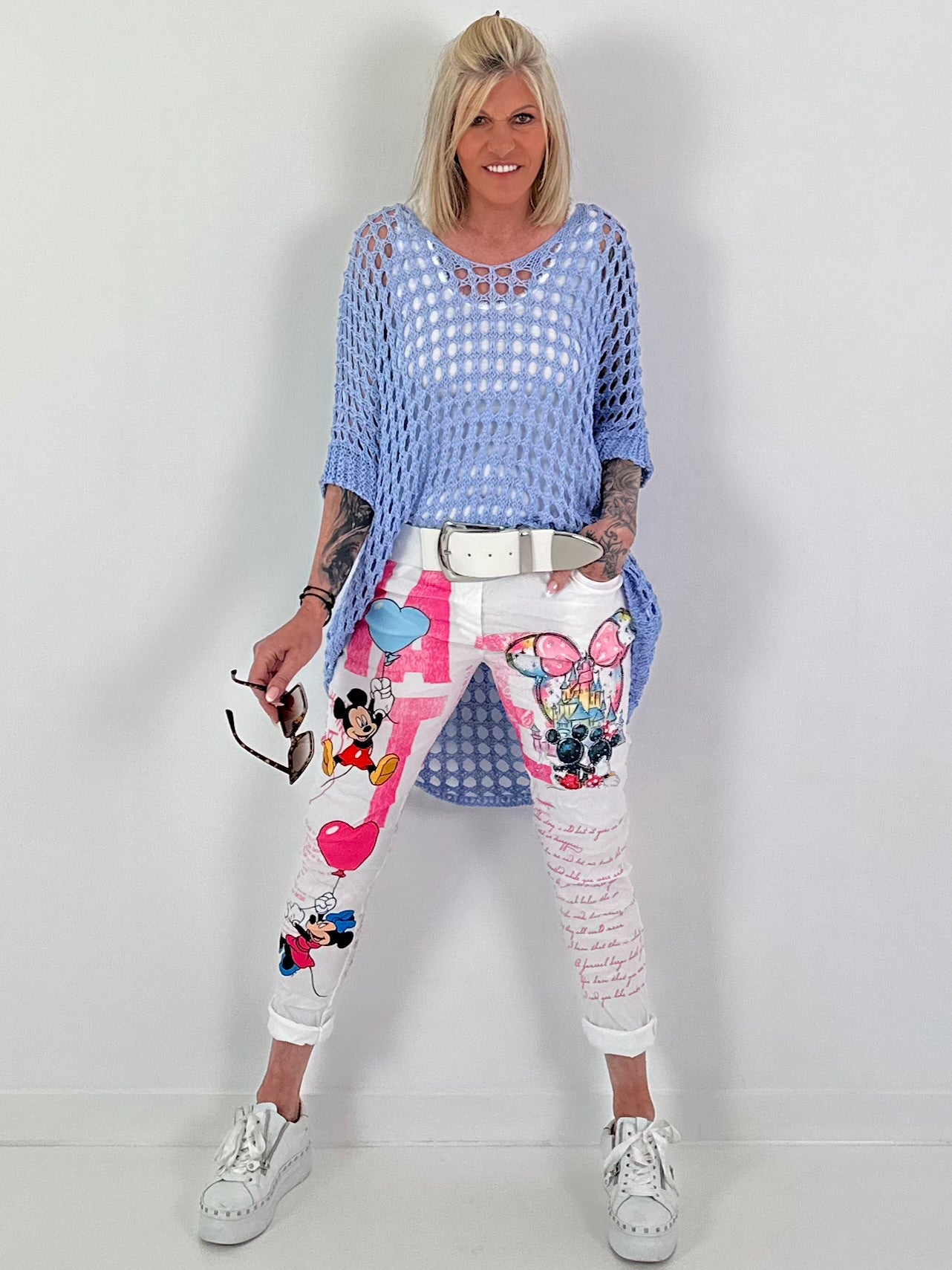 Hose mit Print-Mix und Comicmotiven - weiss-pink-mehrfarbig