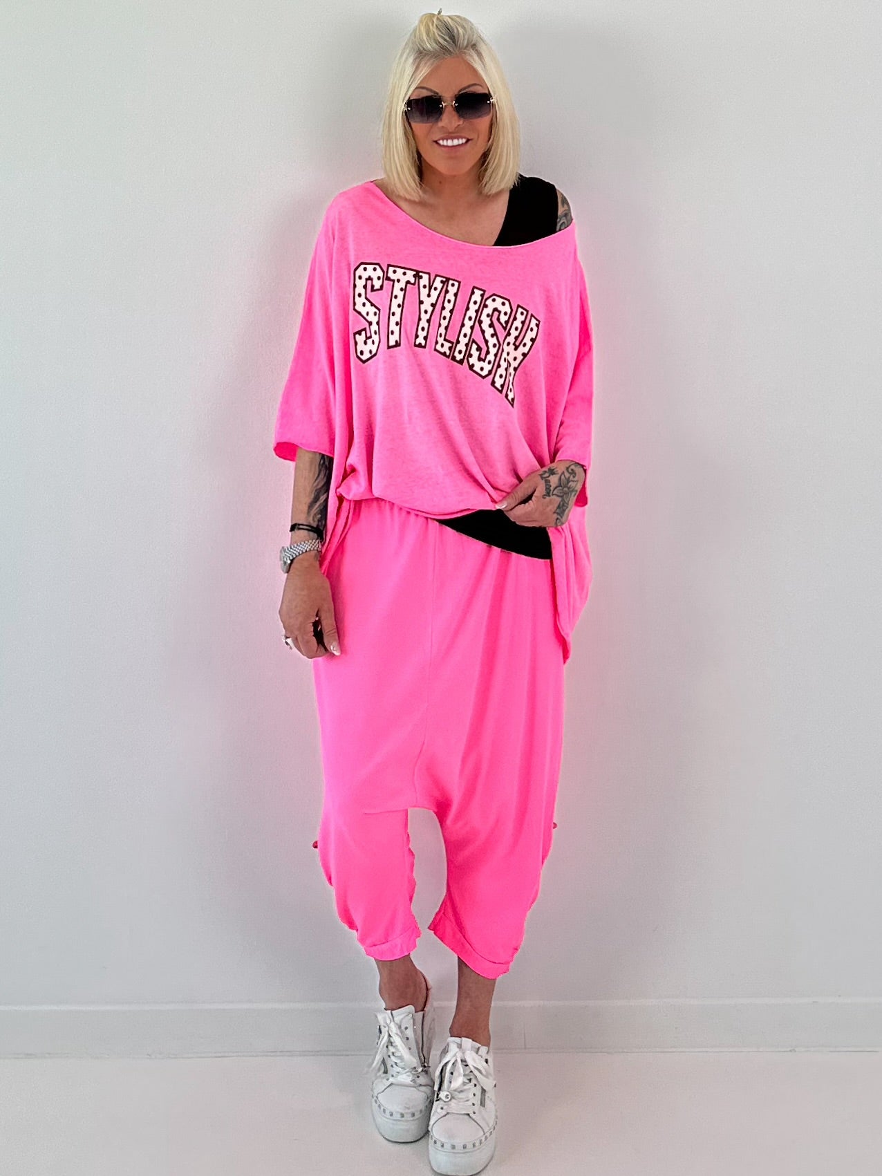 Poncho Shirt mit Schriftzug - neonpink