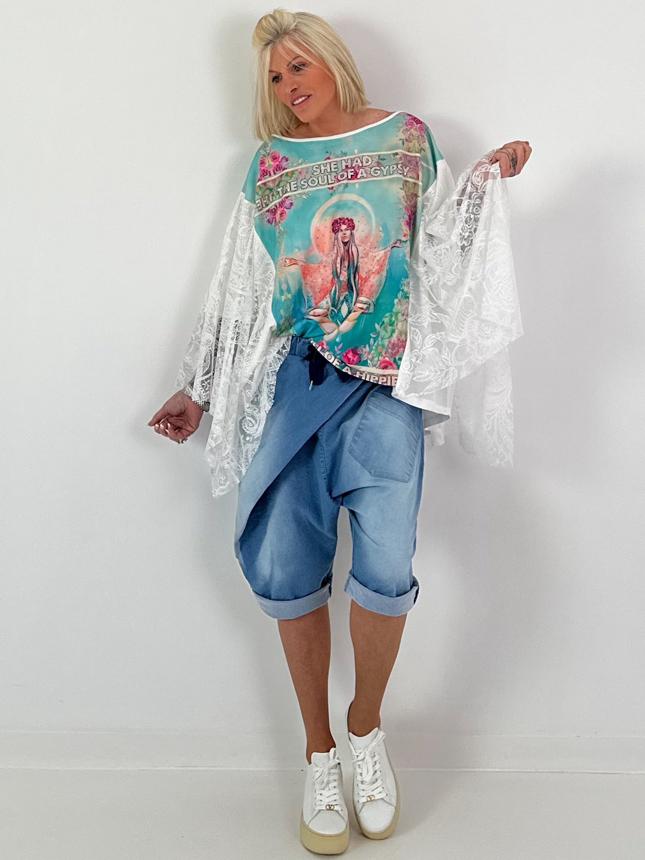 Shirt met print en kanten overlay - turquoise-wit-multicolor