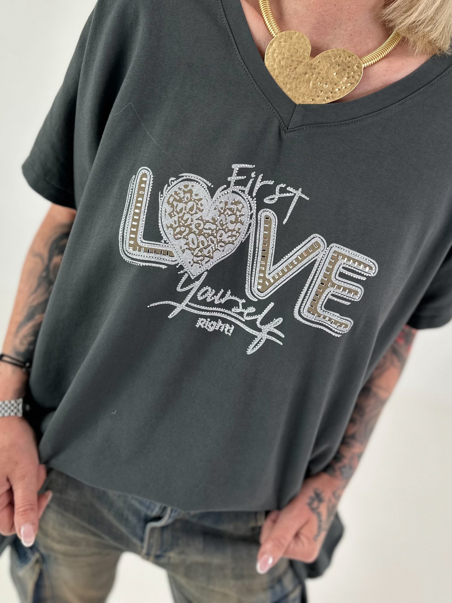 T-Shirt mit Strassdetail - anthrazit