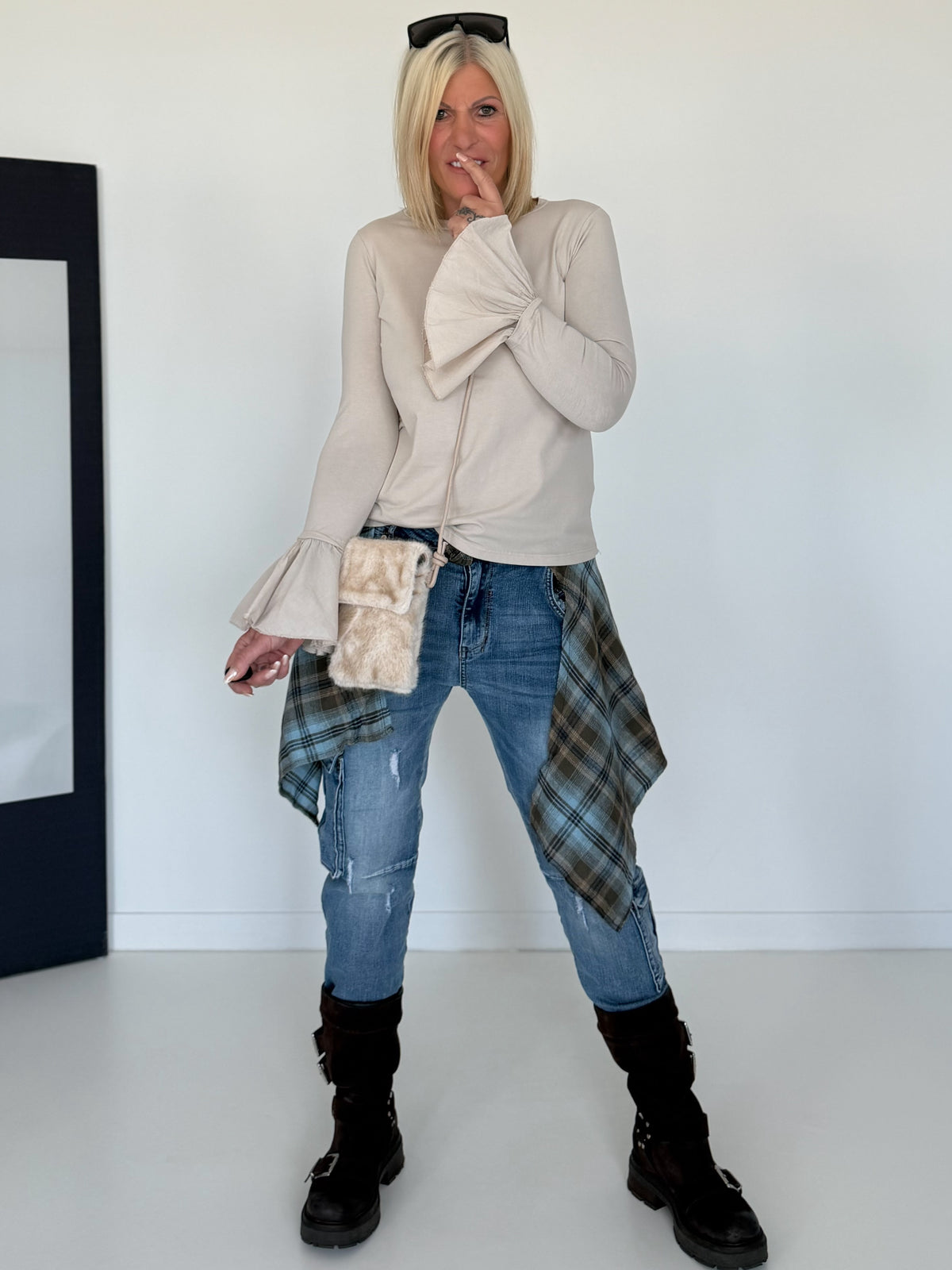 Shirt mit Trompetenärmelchen - beige