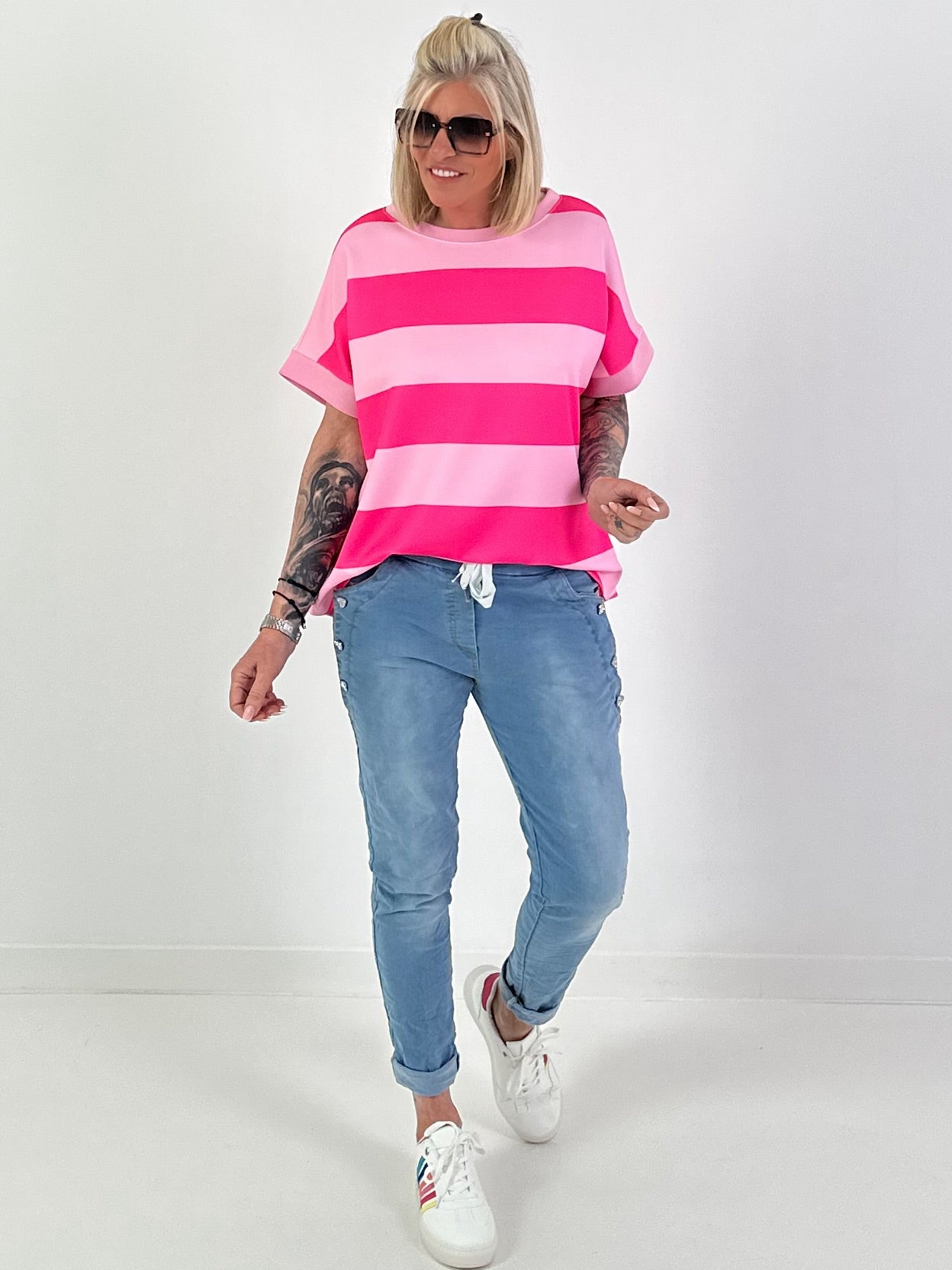 Sweat T-Shirt mit Streifen - pink-rosa