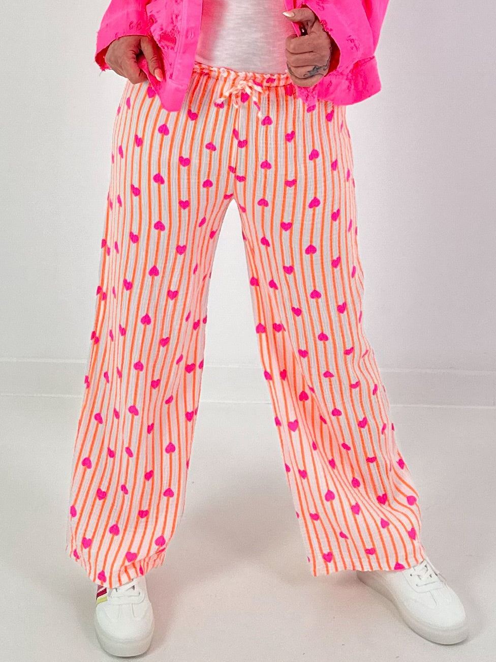Musselin Hose mit Streifen - neonorange-weiss-pink