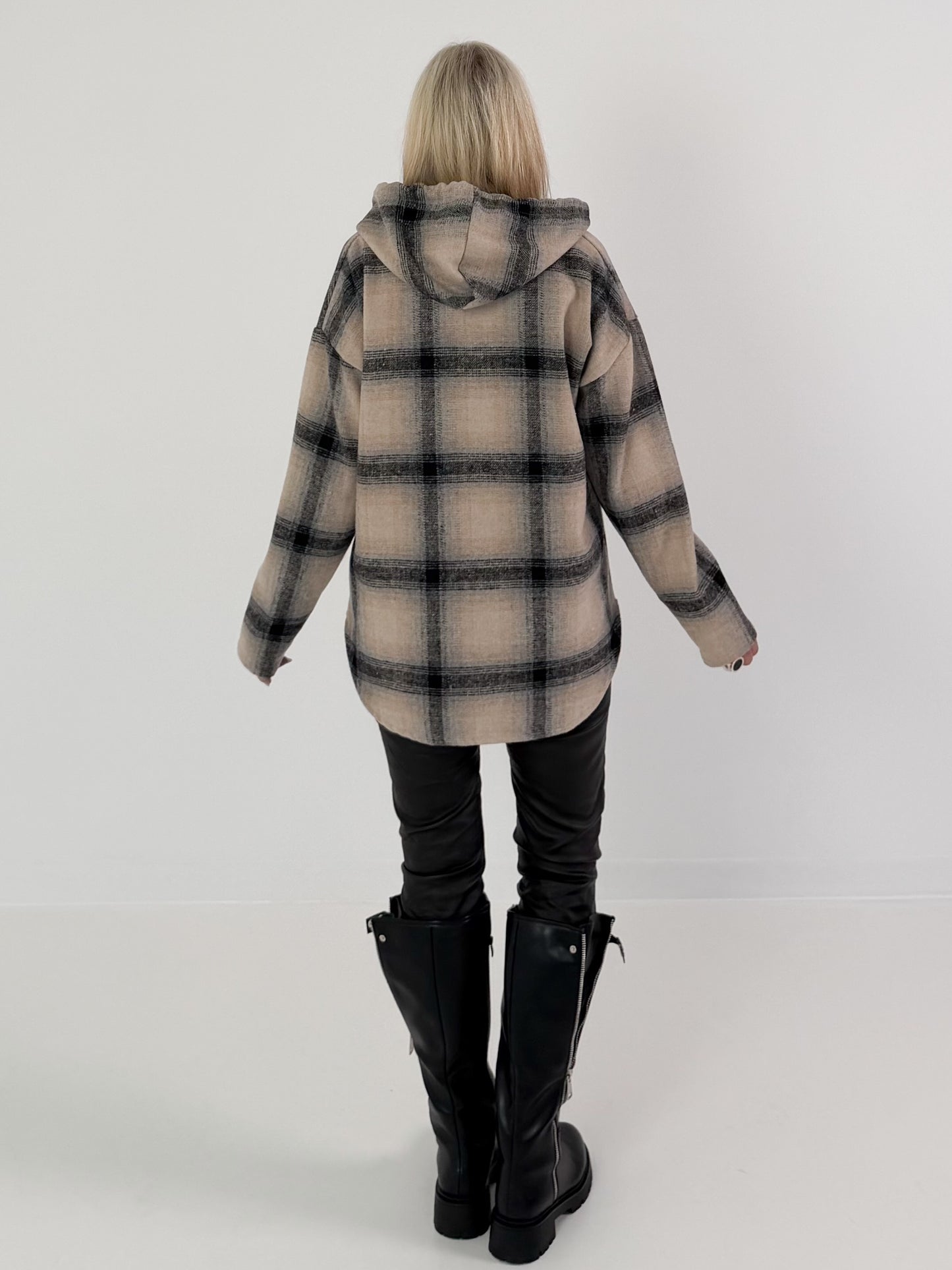 Plaid hooded overshirt - beige-black-multicoloured