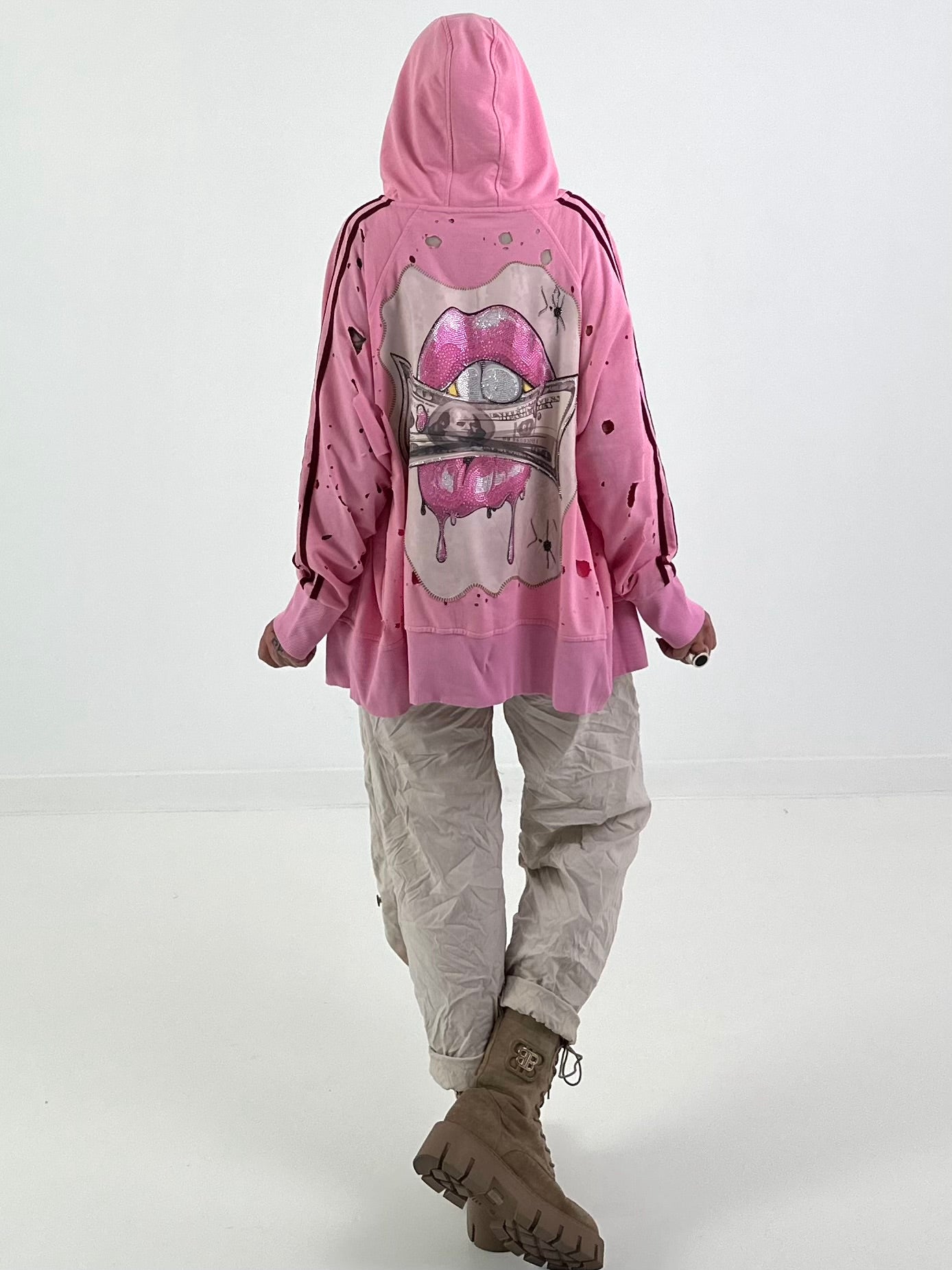 Stylische Sweatshirt Jacke mit großem Rückenpatch Dollar- rosa