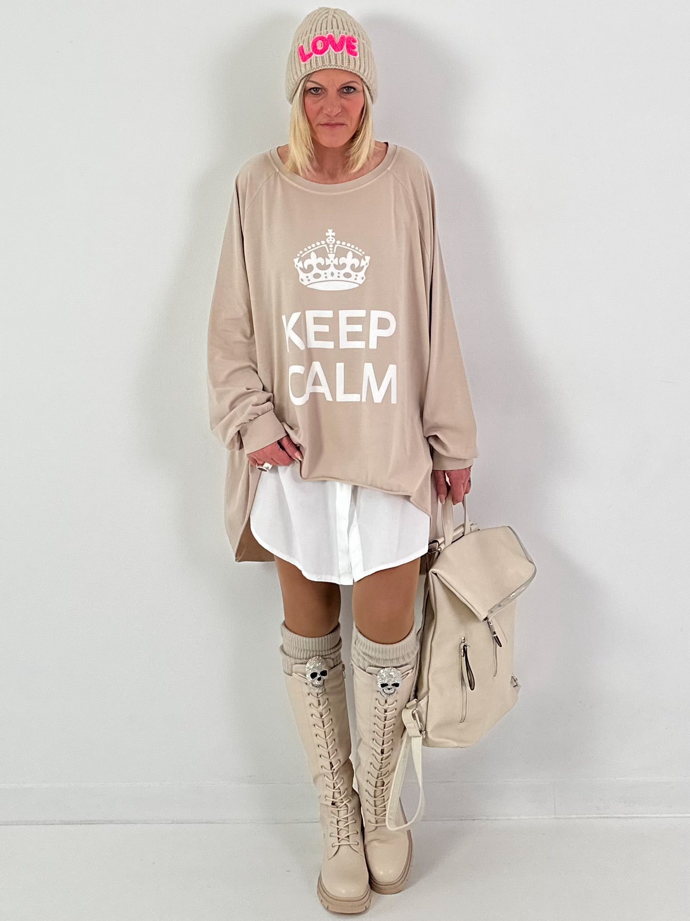 Oversized shirt model "KEEP CALM" - beige
