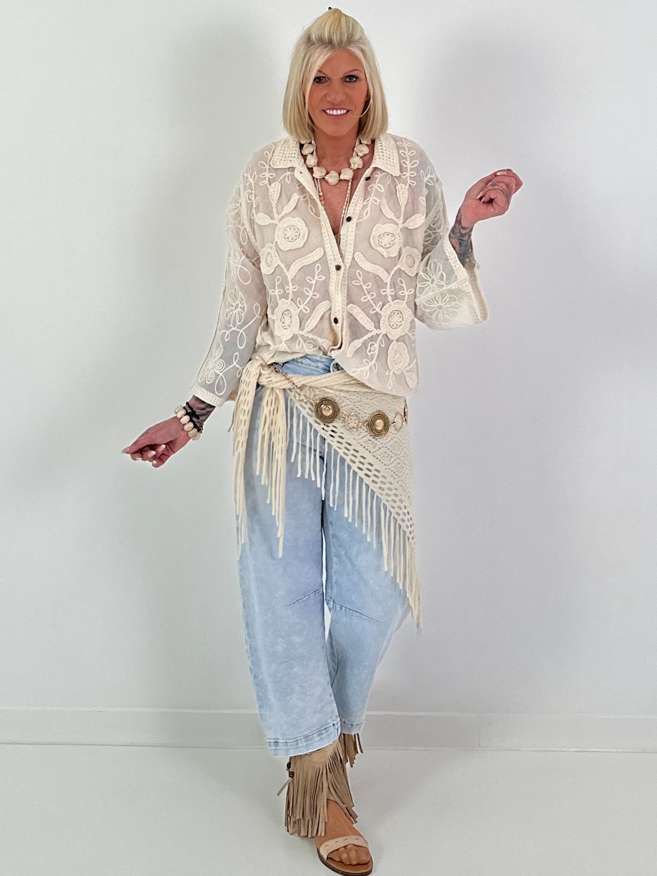 Boho Blouse with Crochet Collar - Beige