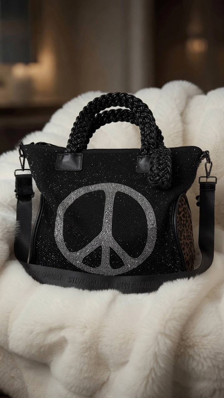 Stylish Canvas Bag with Real Leather Details Peace - black-silver-leopard mocha